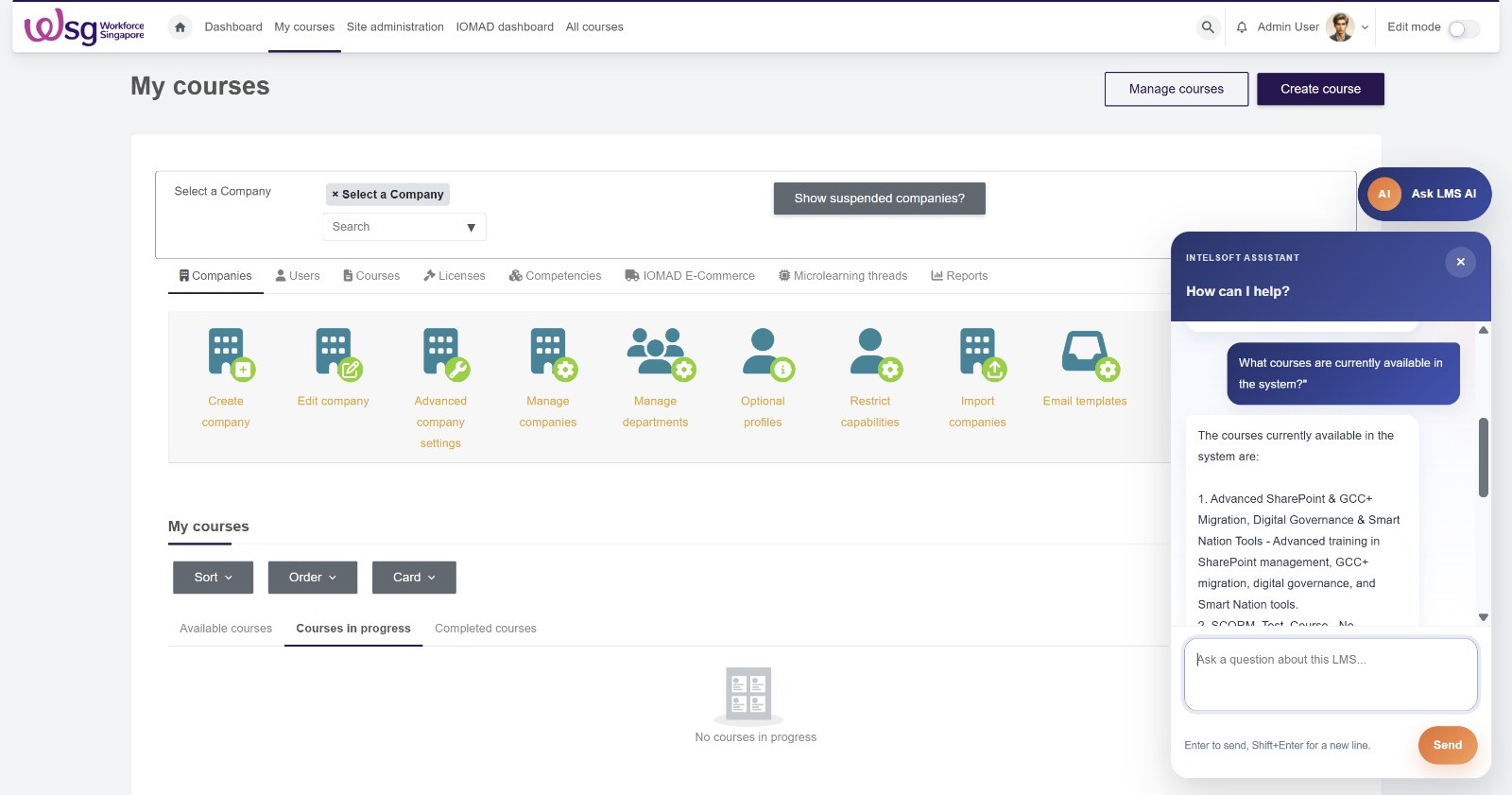IntelSoft LMS admin workspace with company controls and assistant