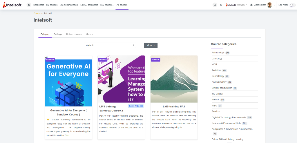 IntelSoft LMS course catalog and categories view