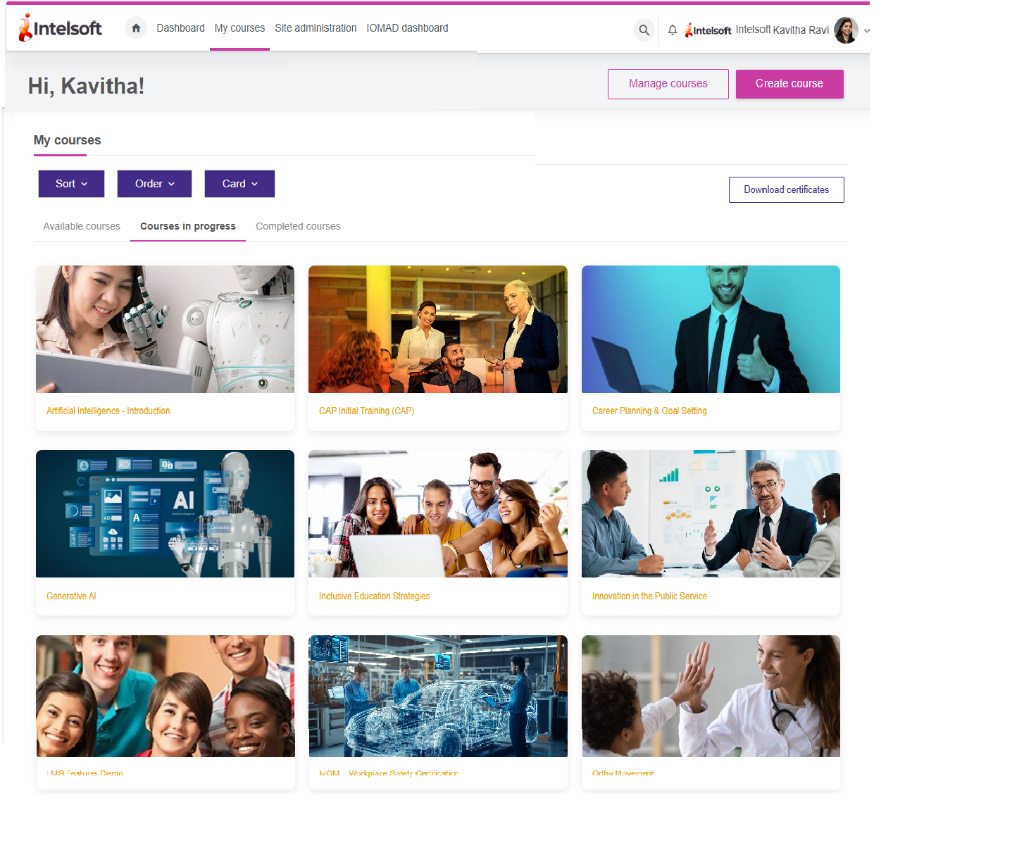 IntelSoft LMS my courses dashboard