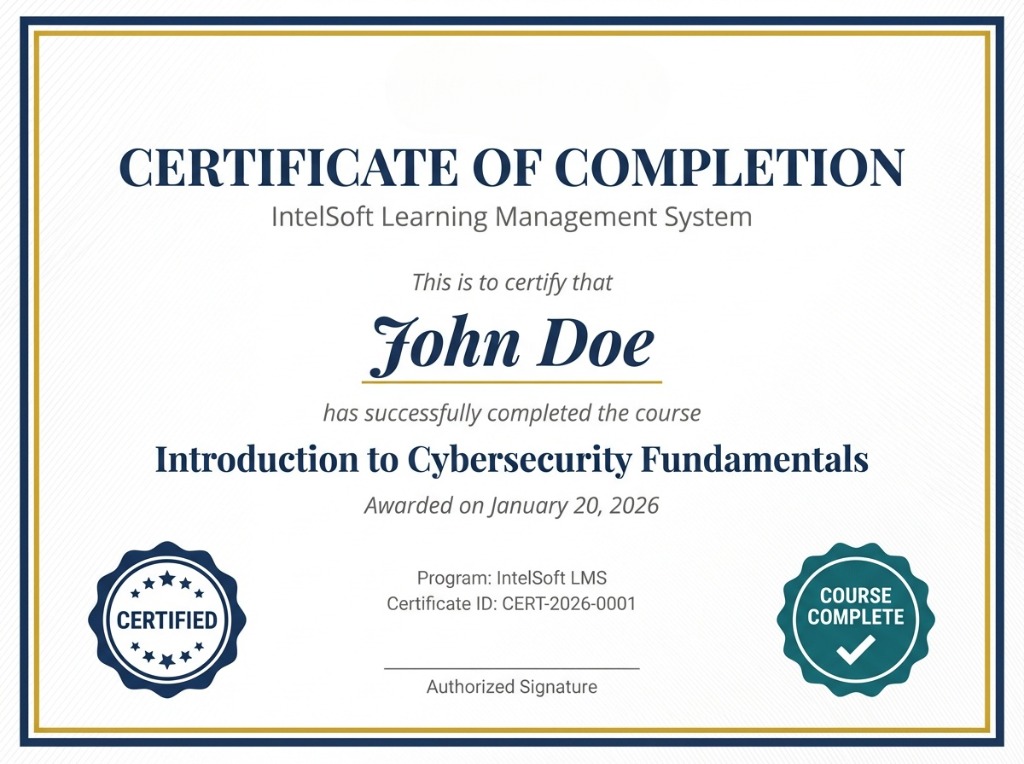 IntelSoft LMS certificate screen